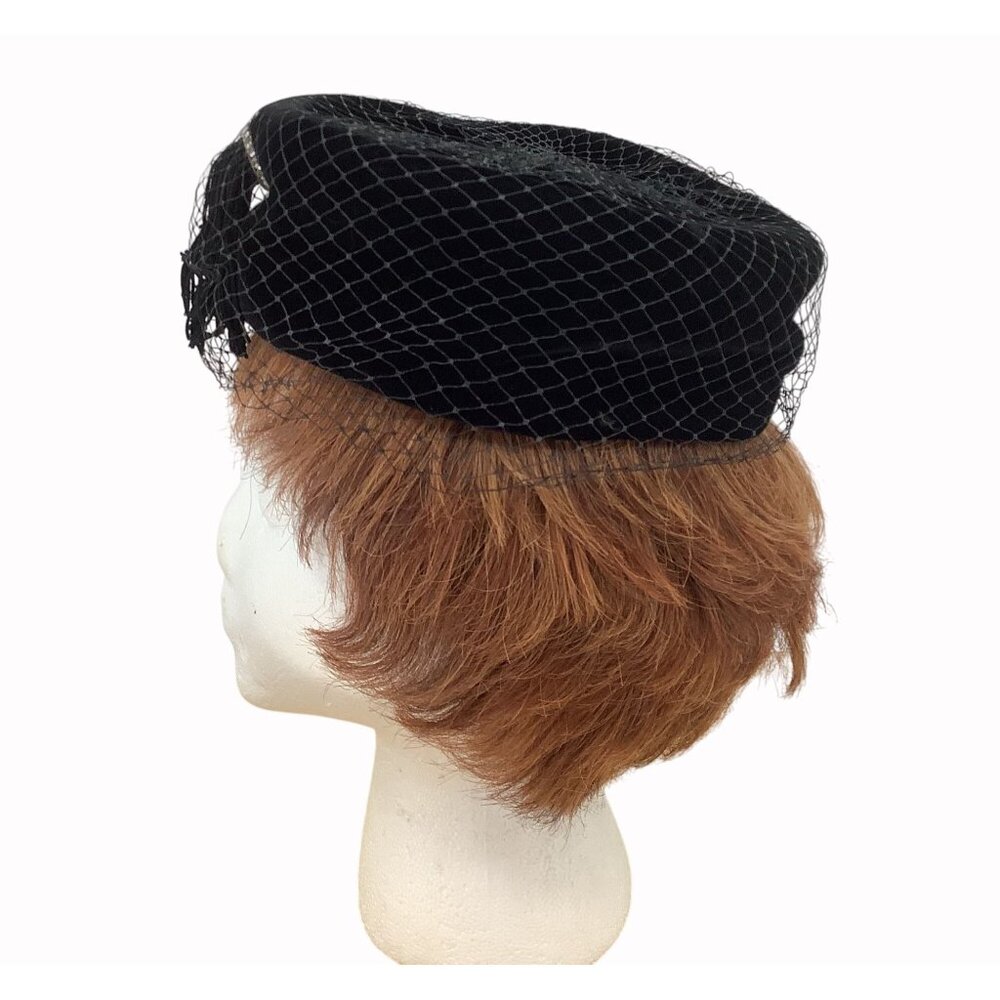 Vintage Black Velvet Pillbox Hat With Veil & Tassel Accent - Picture 2 of 6